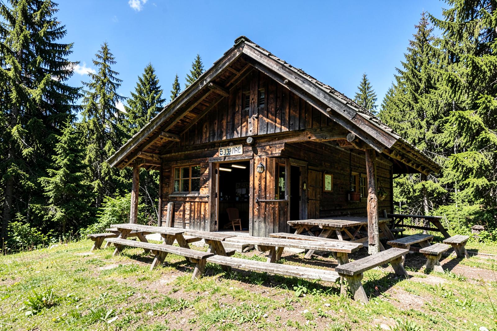 Almhüttenartige DAV Hochwaldhütte auf einer sonnigen Lichtung